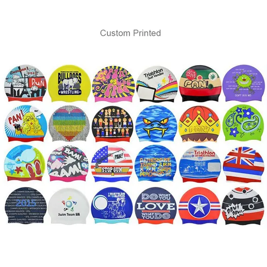 Touca de natação plana de silicone 50g com logotipo personalizado e impressão para adultos e crianças